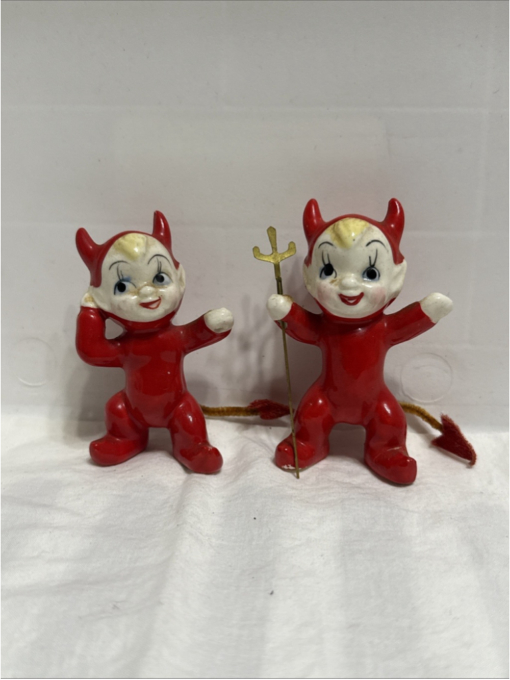 2 Vintage 1950s Ceramic Red Devil Pixie Imp Figurines Japan Pitchfork